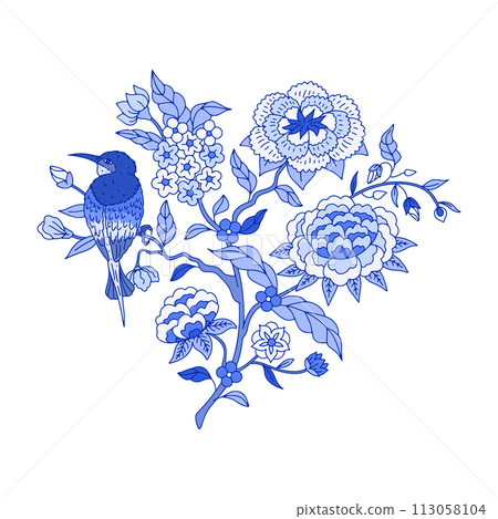 Monochrome floral chinoiserie bird anf lowers motifs isolated on white background Monochrome floral chinoiserie bird anf lowers motifs isolated on white background 113058104