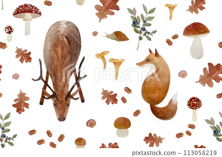 Autumn forest stag and fox watercolor seamless pattern isolated on white. 113058219