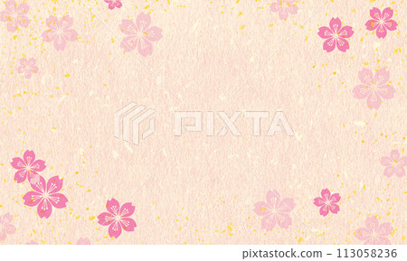 Pink cherry blossoms falling on Japanese paper and Japanese style background illustration 113058236