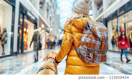 Woman with dog shopping in city mall 113058454