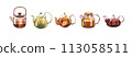 Set different of the teapots of tea, kettle, glass with infuser and with lemon or citrus. Watercolor hand-drawn illustration isolated on white background. Perfect for recipe lists with drinks for cafe 113058511