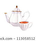 Porcelain ceramic white teapot and cap of tea. Watercolor hand-drawn illustration isolated on white background. Perfect for recipe lists with drinks, brochures for cafe. Side view 113058512