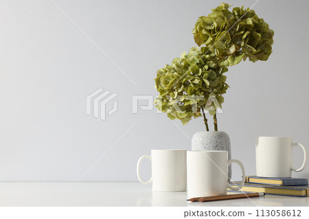 White cups with green hydrangeas in a vase White cups with green hydrangeas in a vase 113058612