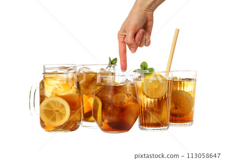 PNG, Glasses of iced tea with lemon and hand, isolated on white background 113058647