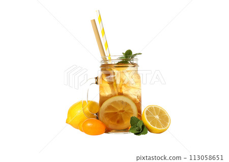 PNG, Glass of iced tea with straws and lemon, isolated on white background 113058651