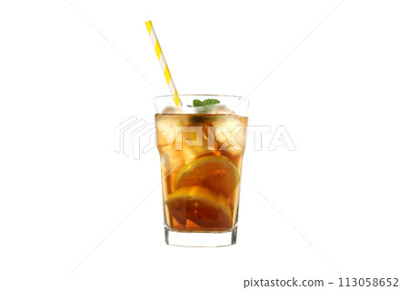 PNG, Glass of iced tea with straw, isolated on white background 113058652
