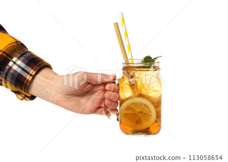 PNG, Glass of iced tea with straw in hand, isolated on white background 113058654