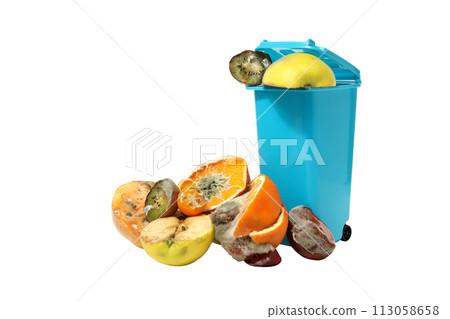 PNG, Spoiled fruit and blue trash can, isolated on white background PNG, Spoiled fruit and blue trash can, isolated on white background 113058658
