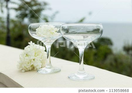 Two glass glasses with flowers on the background of the sea. 113058668