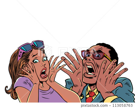 Pop Art Retro A man and a woman scream in horror, covering their faces with their hands. Scary honeymoon proposals. Surprised and frightened clients. 113058763