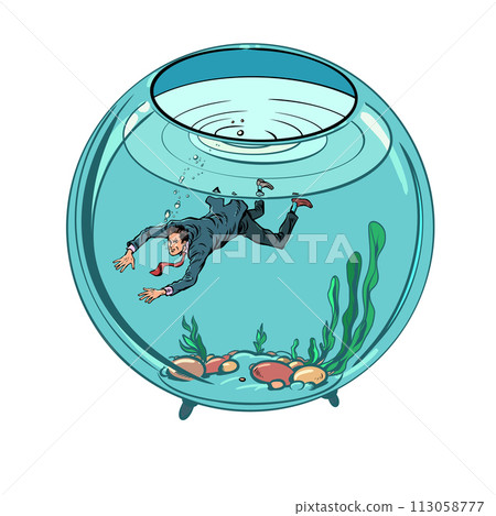 Choking from the amount of work in the office. Hard workdays without rest. A man in a suit swims inside an aquarium. Pop Art Retro Choking from the amount of work in the office. Hard workdays without rest. A man in a suit swims inside an aquarium. Pop Art Retro 113058777
