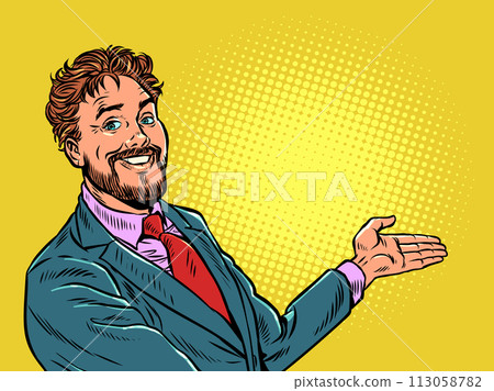 The consultant offers to choose the best offer for the client. Announcement of new promotions, discounts and news. A man in a suit points to the side with his hand. Pop Art Retro 113058782