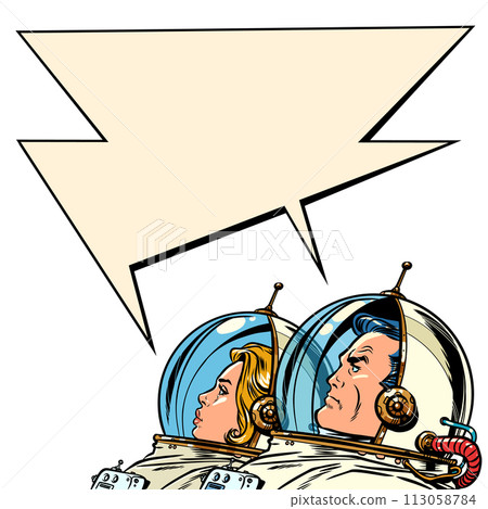 Pop Art Retro The astronauts communicate with each other in comic style. Cooperation in space exploration. Cosmic discounts on Black Friday. 113058784