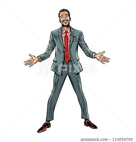 Pop Art Retro A man in a suit looks at the camera with a crazy look. Convincing scammers will steal your data. Mental health problems. 113058795