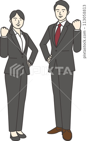 Illustration of a man and woman in business suits smiling and raising one arm and facing the front Illustration of a man and woman in business suits smiling and raising one arm and facing the front 113058813