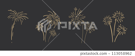 Set gold fireworks, firecrackers golden burst, rays festive doodle sparkle lights isolated on dark background.Celebration, Party Icon, Anniversary, New Year Eve, independence Set gold fireworks, firecrackers golden burst, rays festive doodle sparkle lights isolated on dark background.Celebration, Party Icon, Anniversary, New Year Eve, independence 113058962