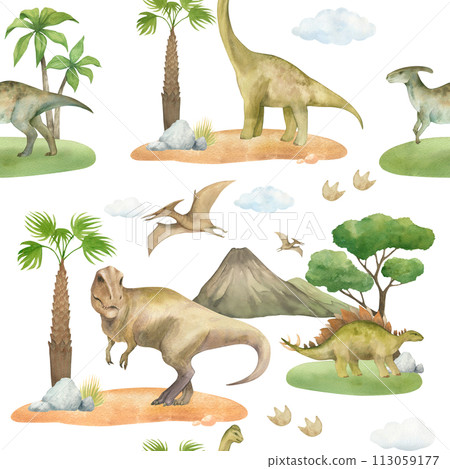 Watercolor seamless pattern with illustration of a dinosaurs on green grass with palm trees, mountains, clouds, isolated. For children's room decor, wallpaper, textile 113059177