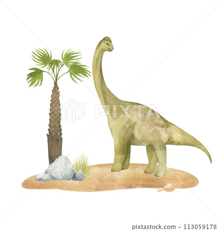 Watercolor illustration of a dinosaur diplodocus on sand with palm trees, watercolor texture, handmade, isolated. For children's room decor, poster, invitation Watercolor illustration of a dinosaur diplodocus on sand with palm trees, watercolor texture, handmade, isolated. For children's room decor, poster, invitation 113059178