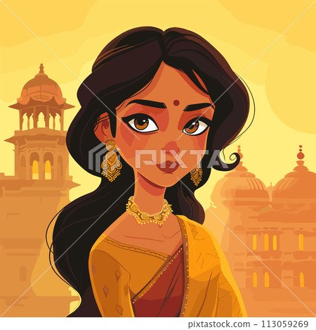 Beautiful Indian girl in saree. Vector illustration. India. 113059269