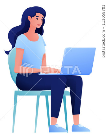 Woman Using Laptop Computer Cartoon Illustration 113059703