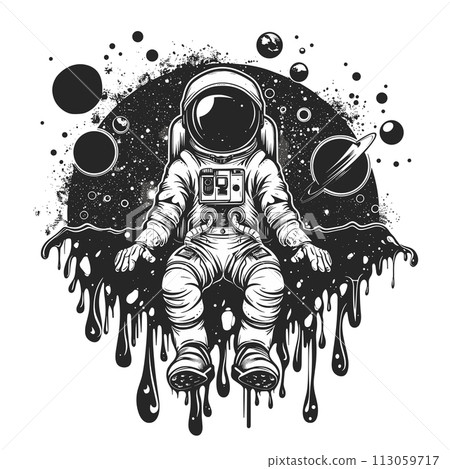 A black and white drawing of an astronaut standing in front of a planet 113059717