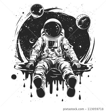 A black and white drawing of an astronaut standing in front of a planet 113059718
