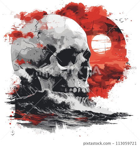 Skull on the sea, grunge background. Vector illustration. 113059721