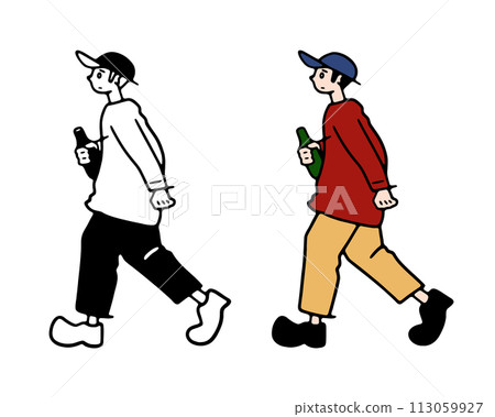 一個拿著啤酒走路的人的線條畫插圖 一個拿著啤酒走路的人的線條畫插圖 113059927