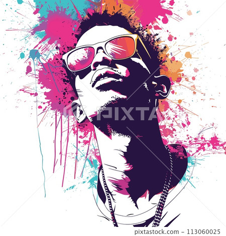Vector illustration of a man with sunglasses and grunge splashes. 113060025