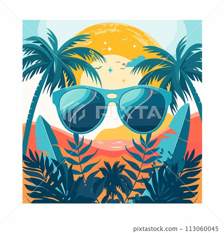 Sunglasses on the beach with palm trees. Vector illustration. 113060045