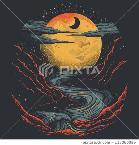 Vector illustration of the moon and the sea on a dark background. Design for t-shirt. 113060089