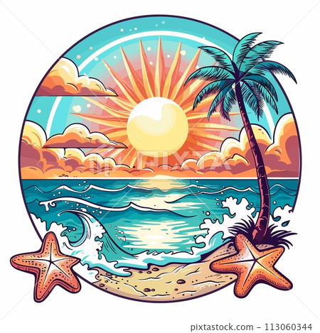 Sunset on the beach with starfish and palm tree. Vector illustration. 113060344
