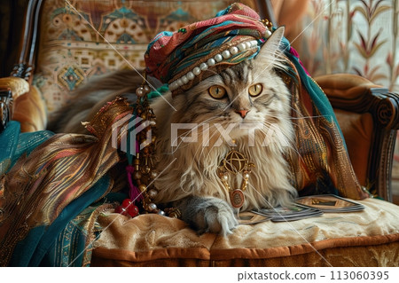 A Cat Feline Fortune Teller A regal Persian cat sits on a plush velvet cushion adorned with tarot cards and wearing a fortune teller turban. A Cat Feline Fortune Teller A regal Persian cat sits on a plush velvet cushion adorned with tarot cards and wearing a fortune teller turban. 113060395