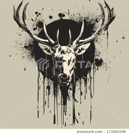 illustration in the style of tattoos of a deer on a background of a black sun with smudges of paint. 113060396
