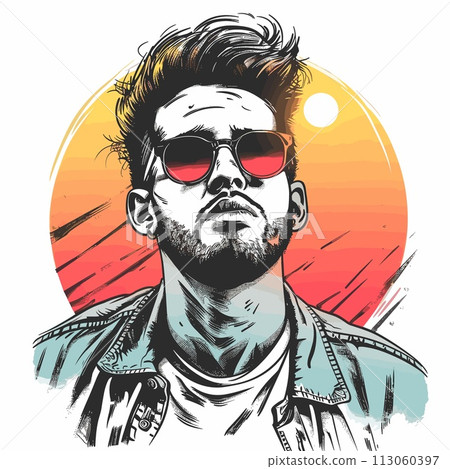 Hipster man with sunglasses. Vector illustration in sketch style. 113060397