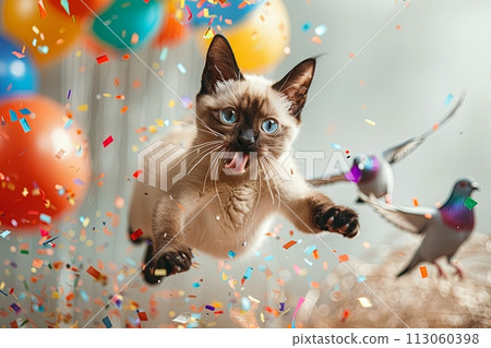 a mischievous Siamese cat soars through the air clinging to a colorful beach ball. The cat's tongue sticks out playfully as it flies past pigeons. Confetti rains down in a flurry of bright colors 113060398