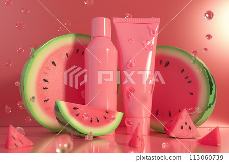 A pink bottle of lotion sits next to a slice of watermelon with Generative AI 113060739