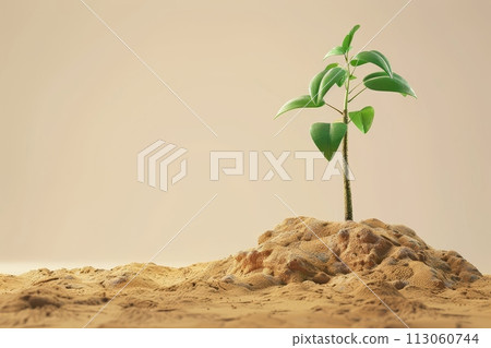 A small green plant is growing on a rocky hillside with Generative AI 113060744