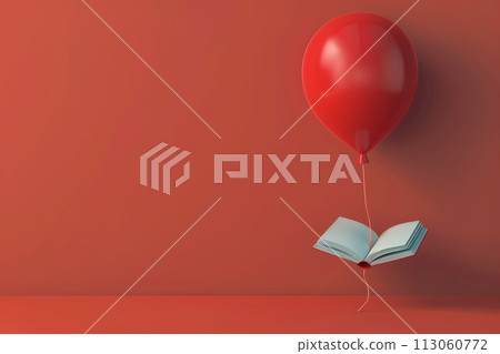 A colorful balloon bouquet is floating above an open book with Generative AI 113060772