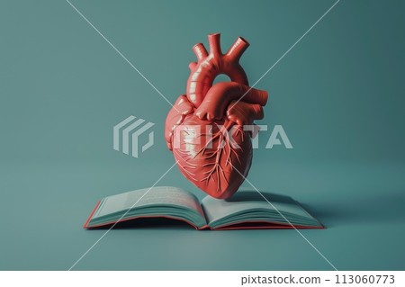 A red heart is on top of an open book with Generative AI 113060773