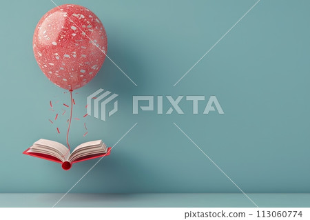 A colorful balloon bouquet is floating above an open book with Generative AI 113060774