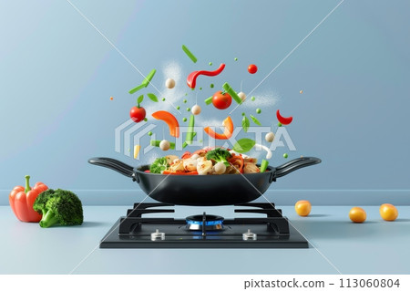 A pan of food is cooking on a stove, with a lot of vegetables and spices with Generative AI A pan of food is cooking on a stove, with a lot of vegetables and spices with Generative AI 113060804