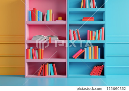 Two bookshelves with colorful books on them with Generative AI 113060862