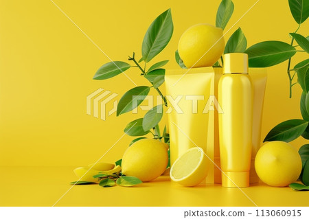 A bottle of lotion is on a table with a lemon and a leaf with Generative AI 113060915
