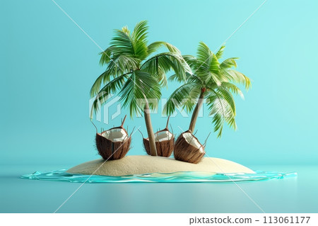 A tropical island with palm trees and a coconut on the beach with Generative AI 113061177