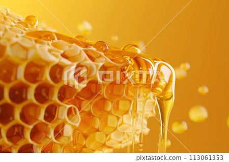 A close up of honey dripping from a honeycomb with Generative AI 113061353