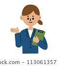 Business illustration of a woman in a suit standing with a clipboard, upper body 113061357