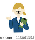 Business illustration of a woman in a suit standing with a clipboard, upper body 113061358