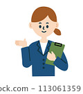 Business illustration of a woman in a suit standing with a clipboard, upper body 113061359