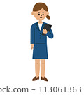 Business illustration of a woman in a suit standing with a tablet, full body 113061363